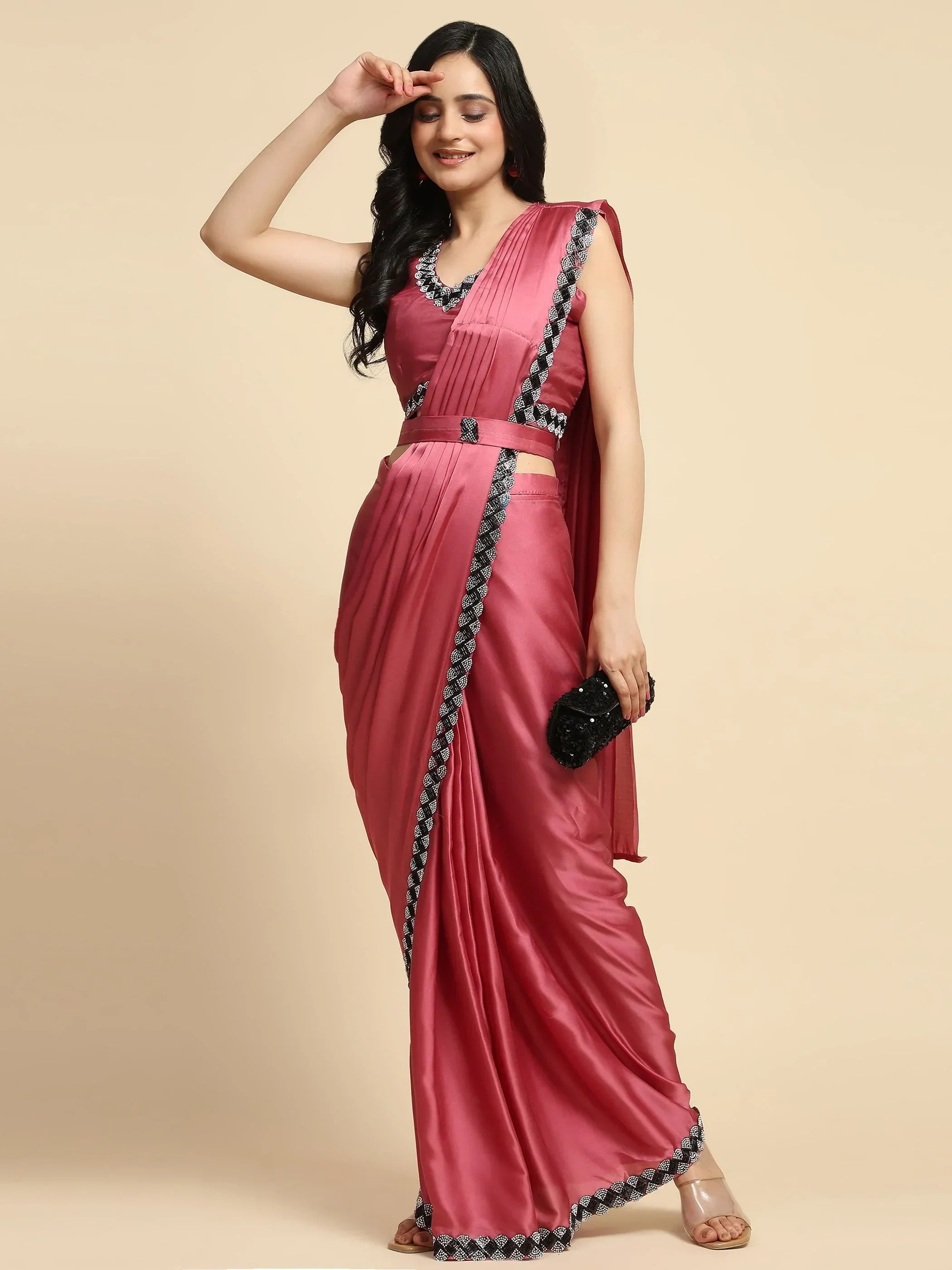 Alluring Pink Lace Work Satin Ready To Wear Saree With Blouse