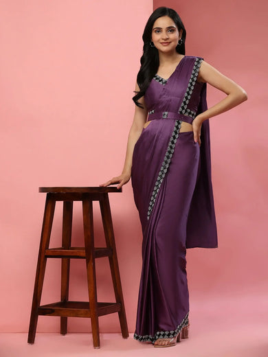 Fascinating Purple Lace Work Satin Pre-Stitched Saree With Blouse