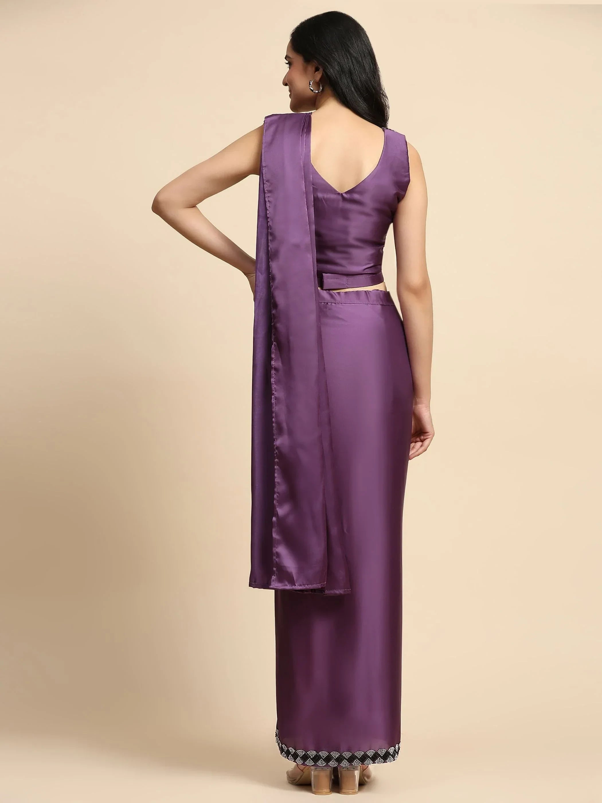 Fascinating Purple Lace Work Satin Pre-Stitched Saree With Blouse
