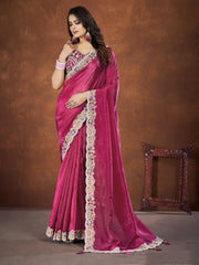 Astonishing Pink Heavy Border Work Silk Wedding Saree With Blouse