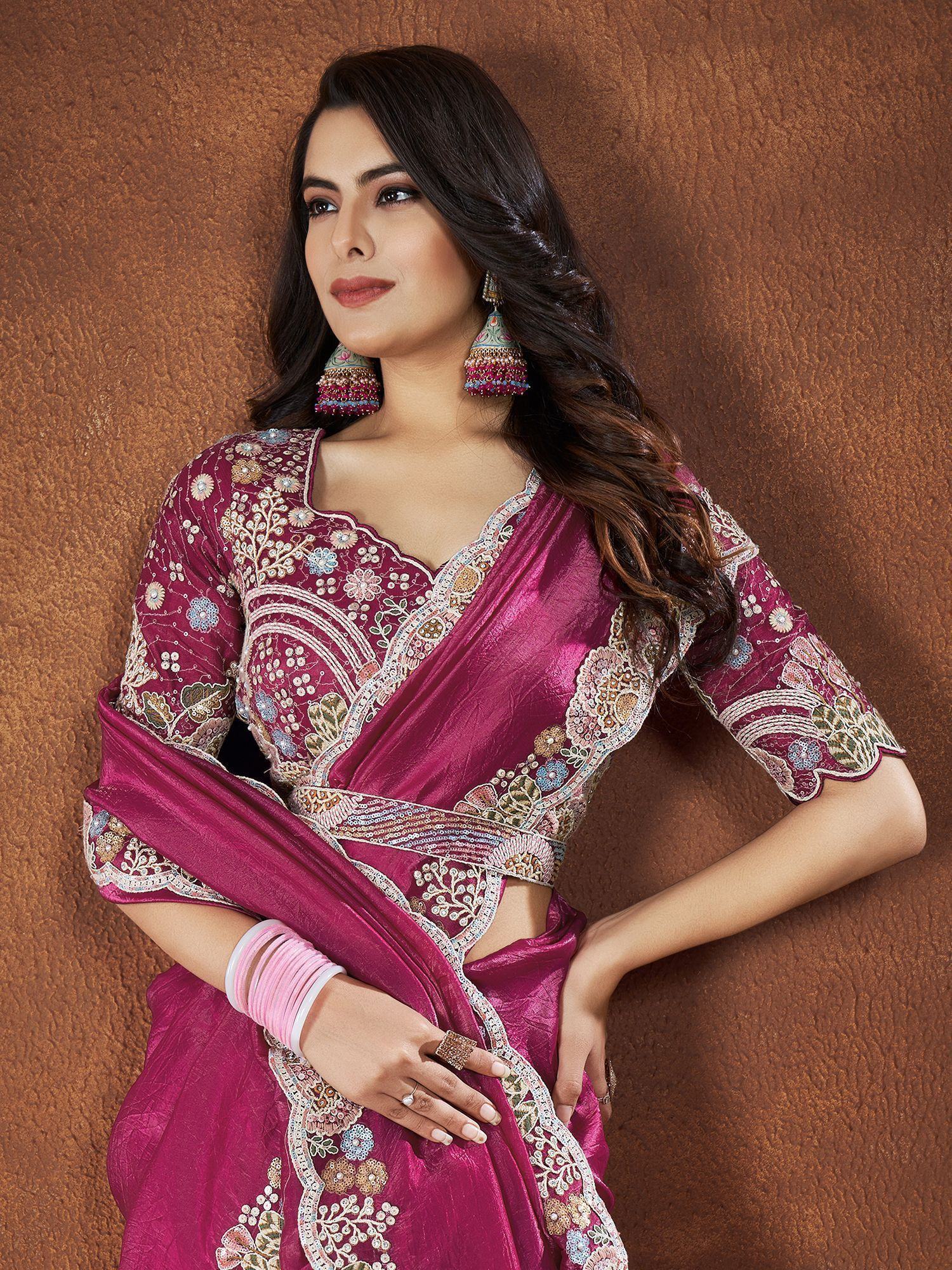 Astonishing Pink Heavy Border Work Silk Wedding Saree With Blouse