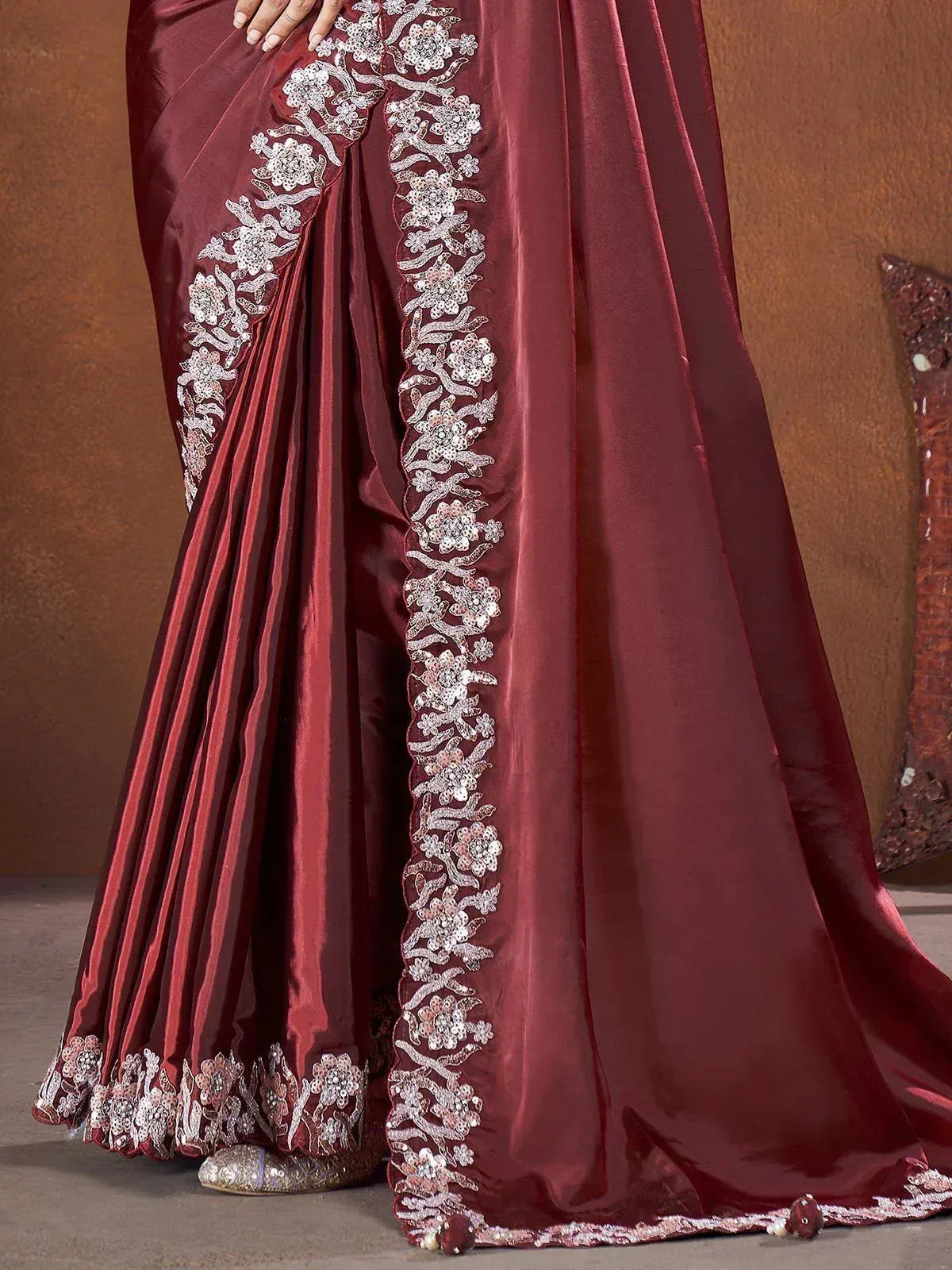 Maroon silk saree with floral sequin embroidery, perfect for Indian ethnic wear occasions