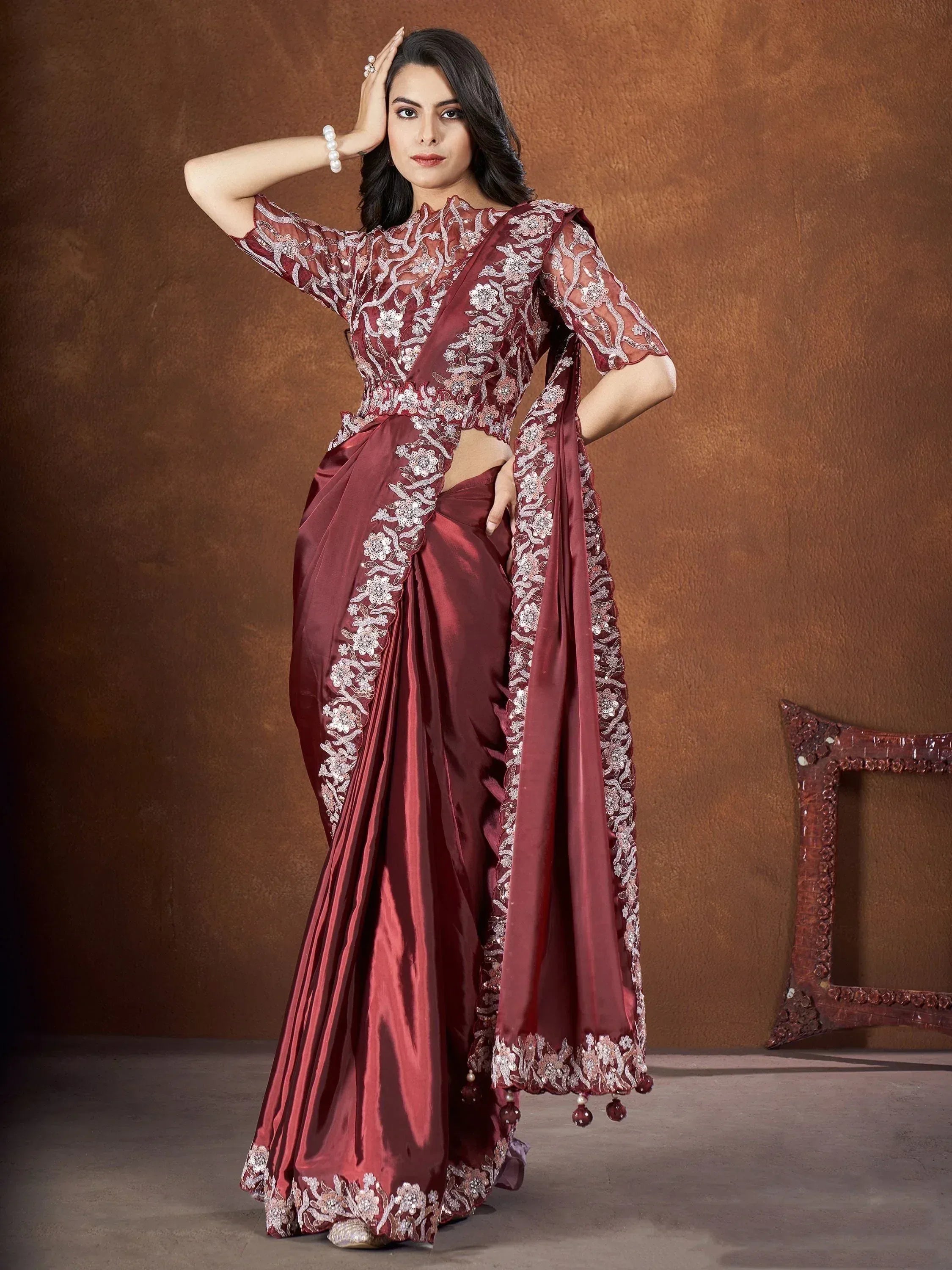 Maroon embroidered saree with floral lace and tassels, Indian ethnic wear for women