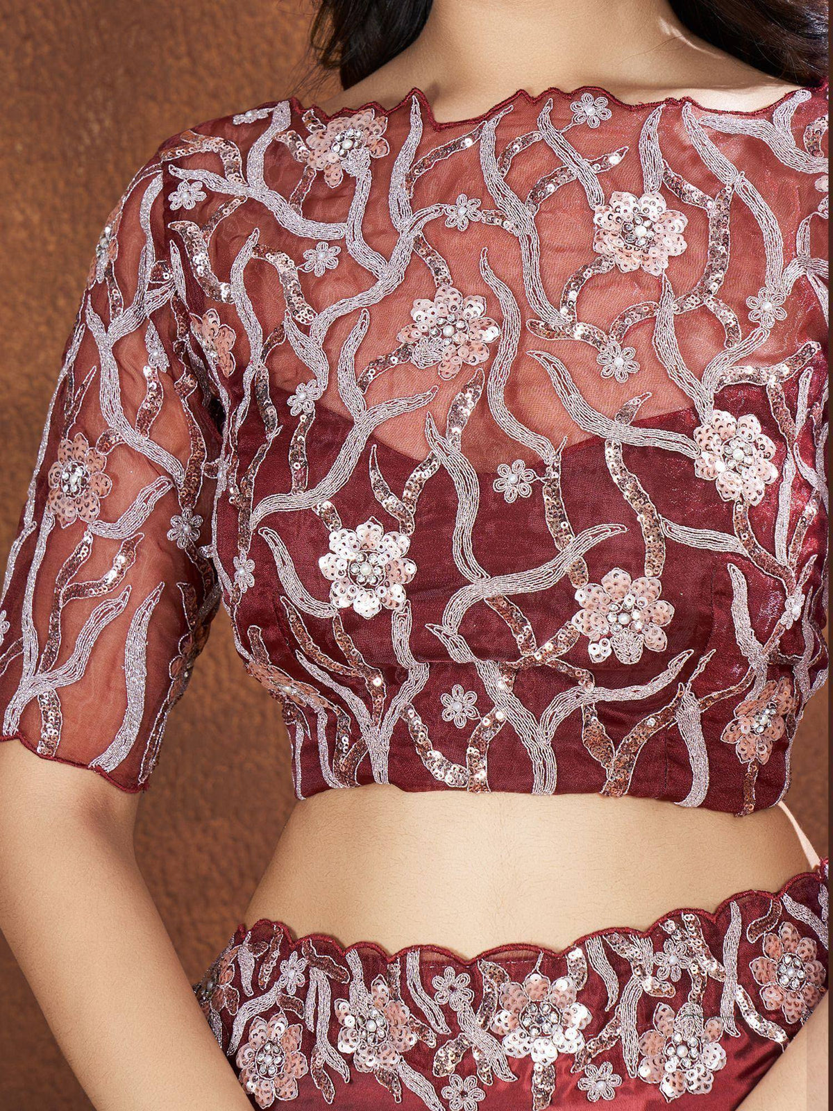 Maroon embroidered lehenga choli with floral sequin work and sheer overlay