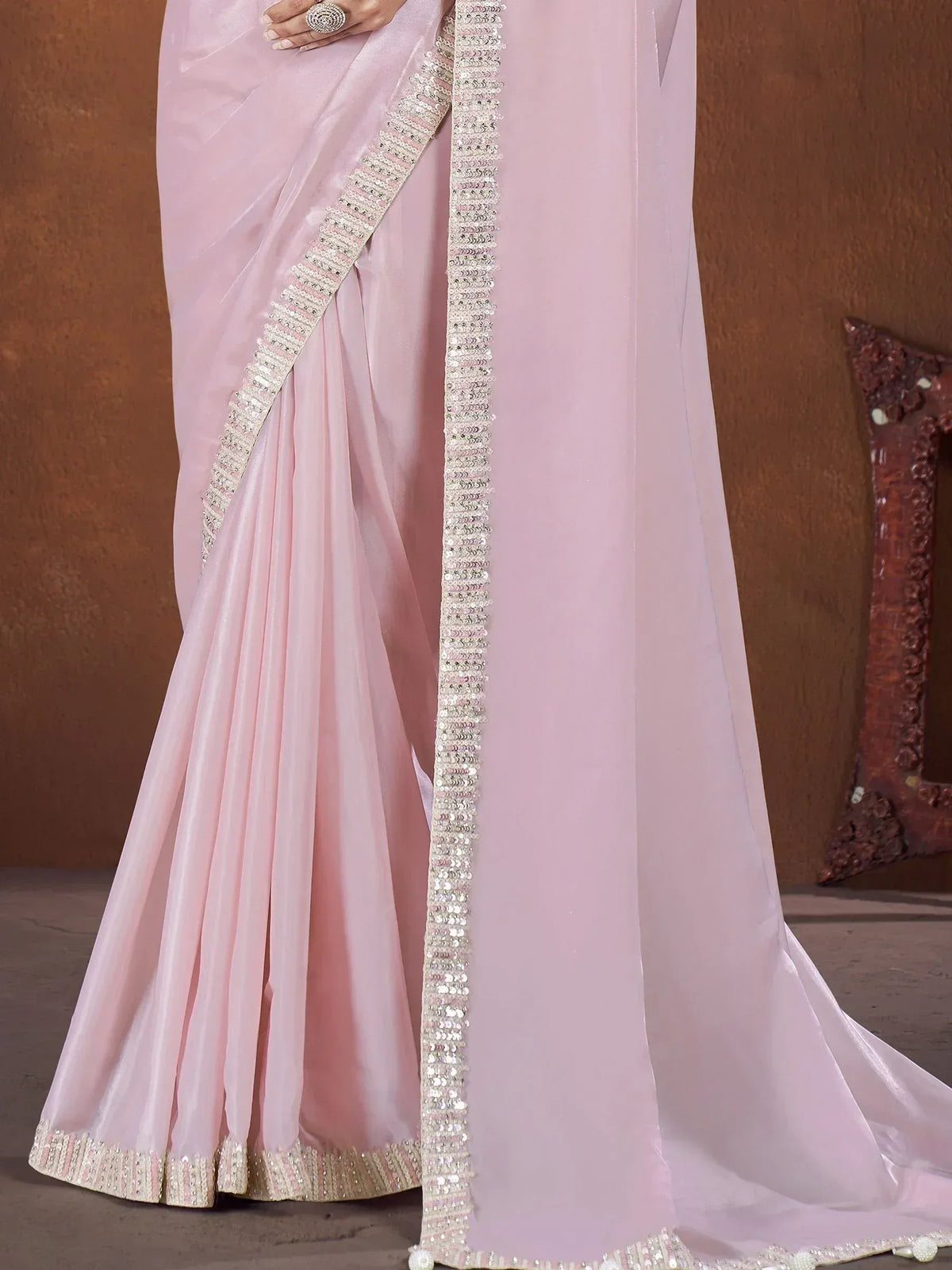 Pink saree with sequin border, ethnic Indian wear for weddings and parties