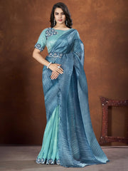 Awesome Blue Printed Silk Event Wear Pleated Saree With Blouse