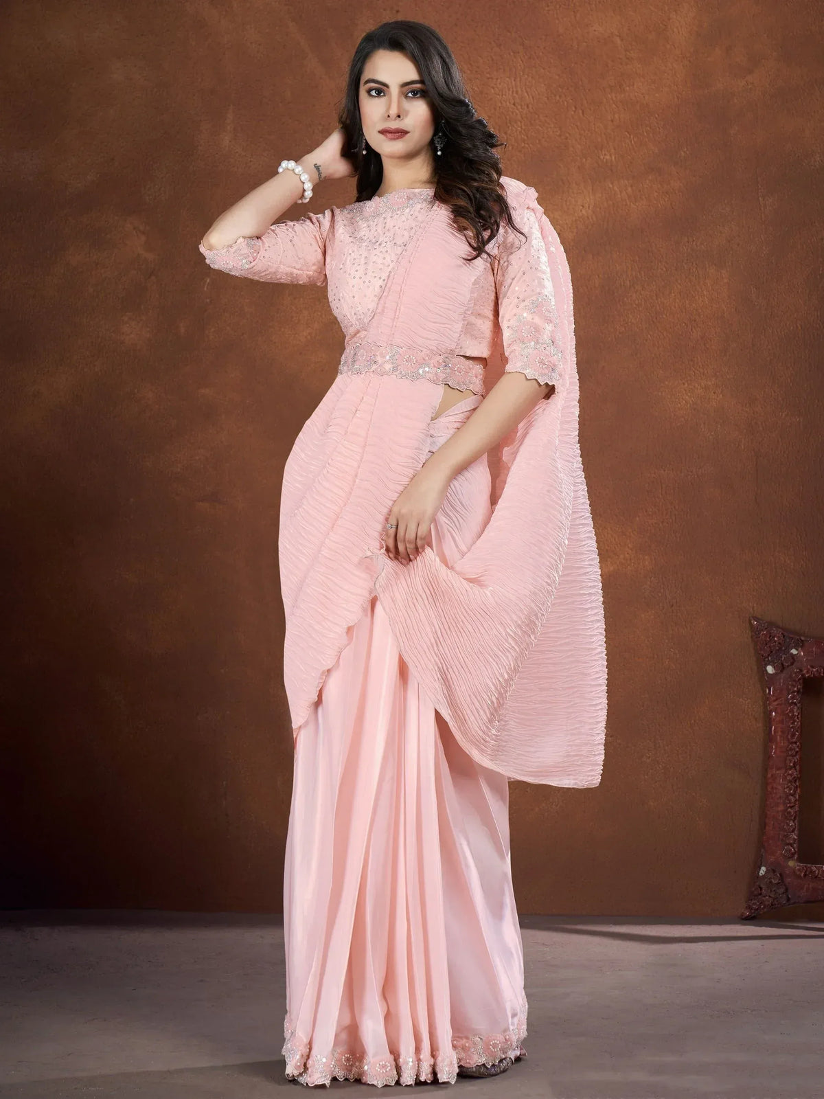 Pink designer saree with sequin blouse and ruffled dupatta, ethnic Indian wear