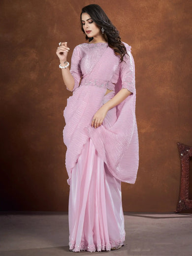Marvelous Lilac Silk Reception Wear Pleated Saree With Blouse