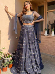 Unique Grey Thread Foil Mirror Georgette Party Wear Lehenga Choli