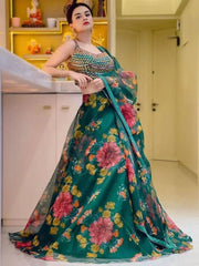 Wonderful Green Umbrella Printed Organza Party Wear Lehenga Choli