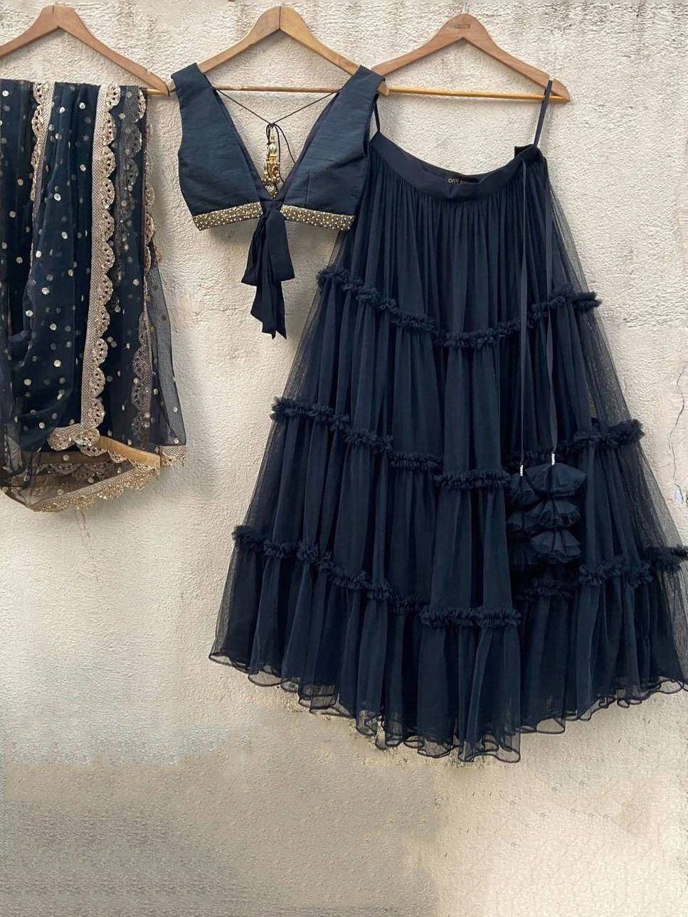 Black tiered net lehenga with embellished blouse, Indian ethnic wear