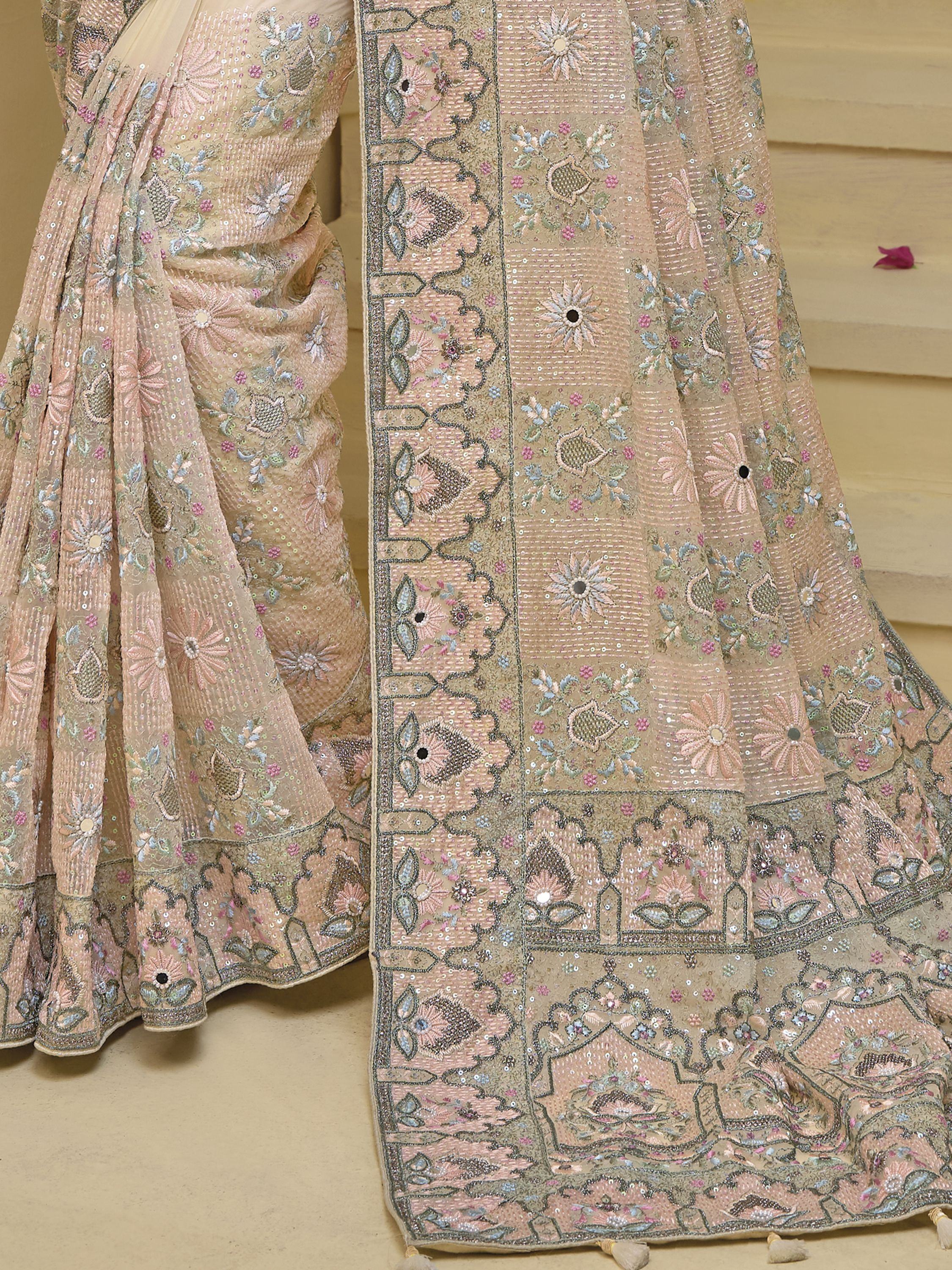Fabulous Cream Thread Embroidered Organza Party Wear Saree With Blouse