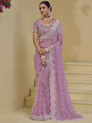 Amazing Baby Pink Moti Work Organza Wedding Wear Saree With Blouse