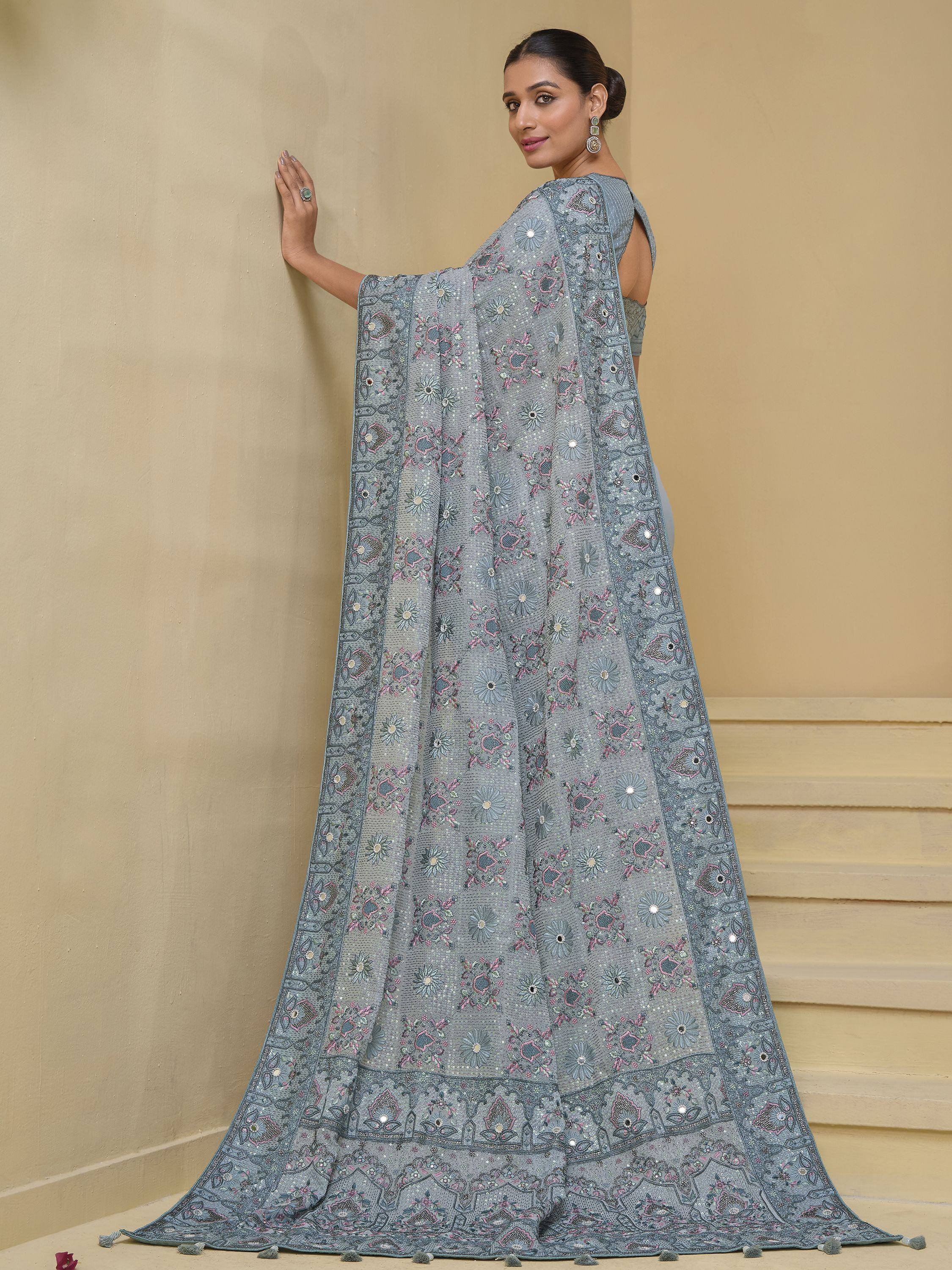 Grey floral embroidered saree with sequins and tassels, Indian ethnic wear for women