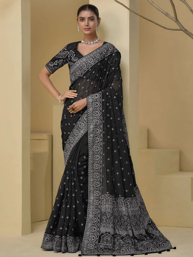 Precious Black Thread Embroidery Organza Party Wear Saree With Blouse