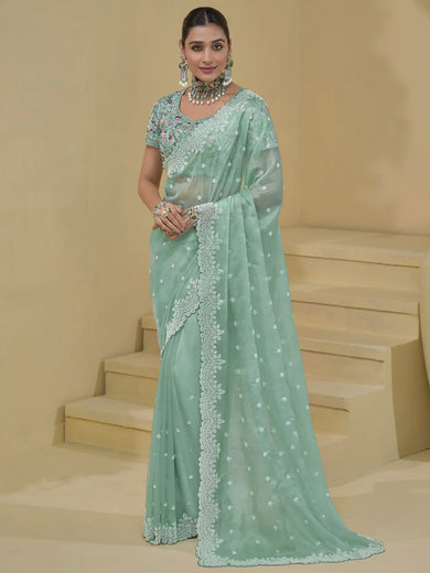 Ravishing Sea Green Moti Work Organza Function Wear Saree With Blouse