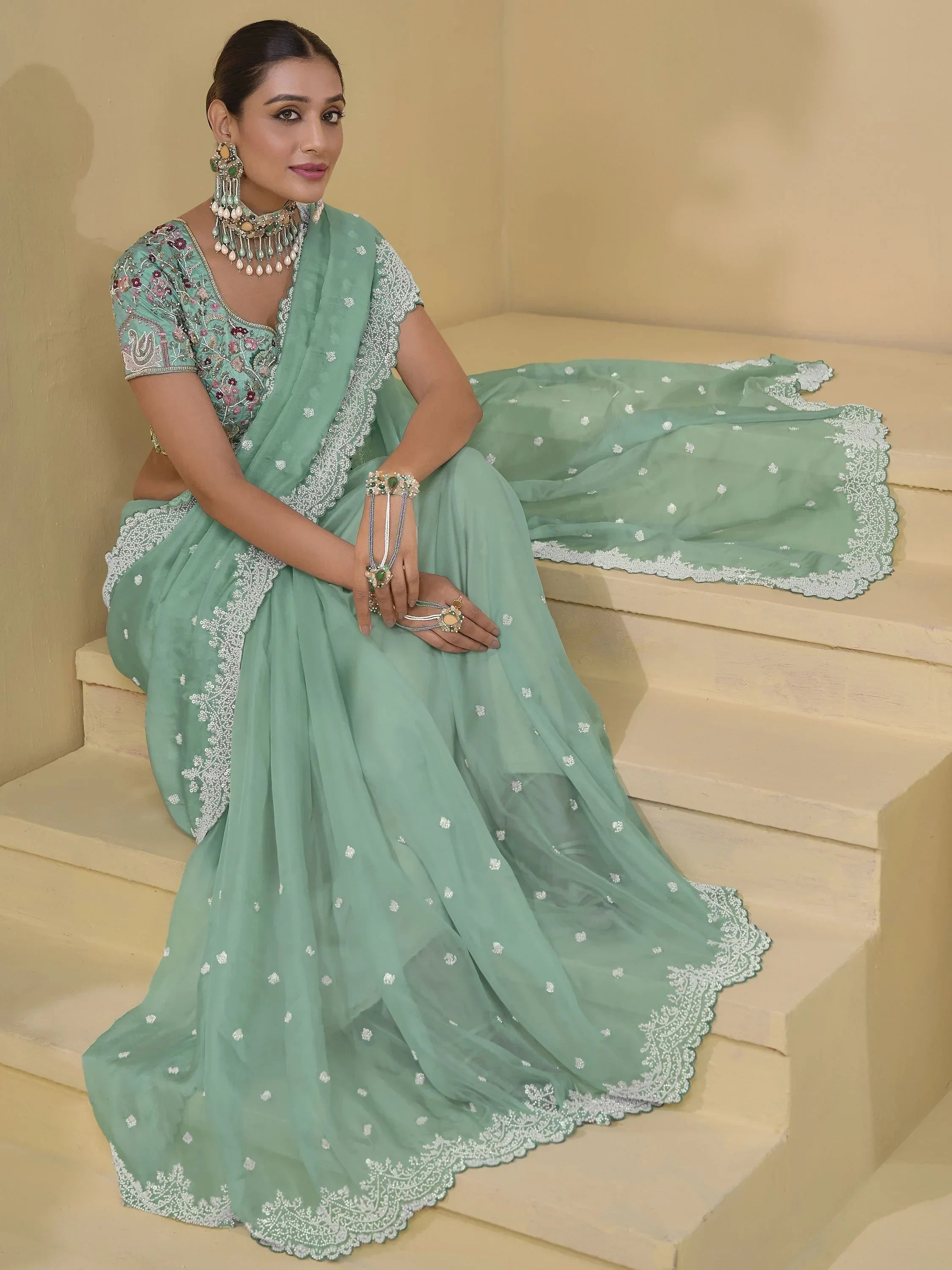 Ravishing Sea Green Moti Work Organza Function Wear Saree With Blouse