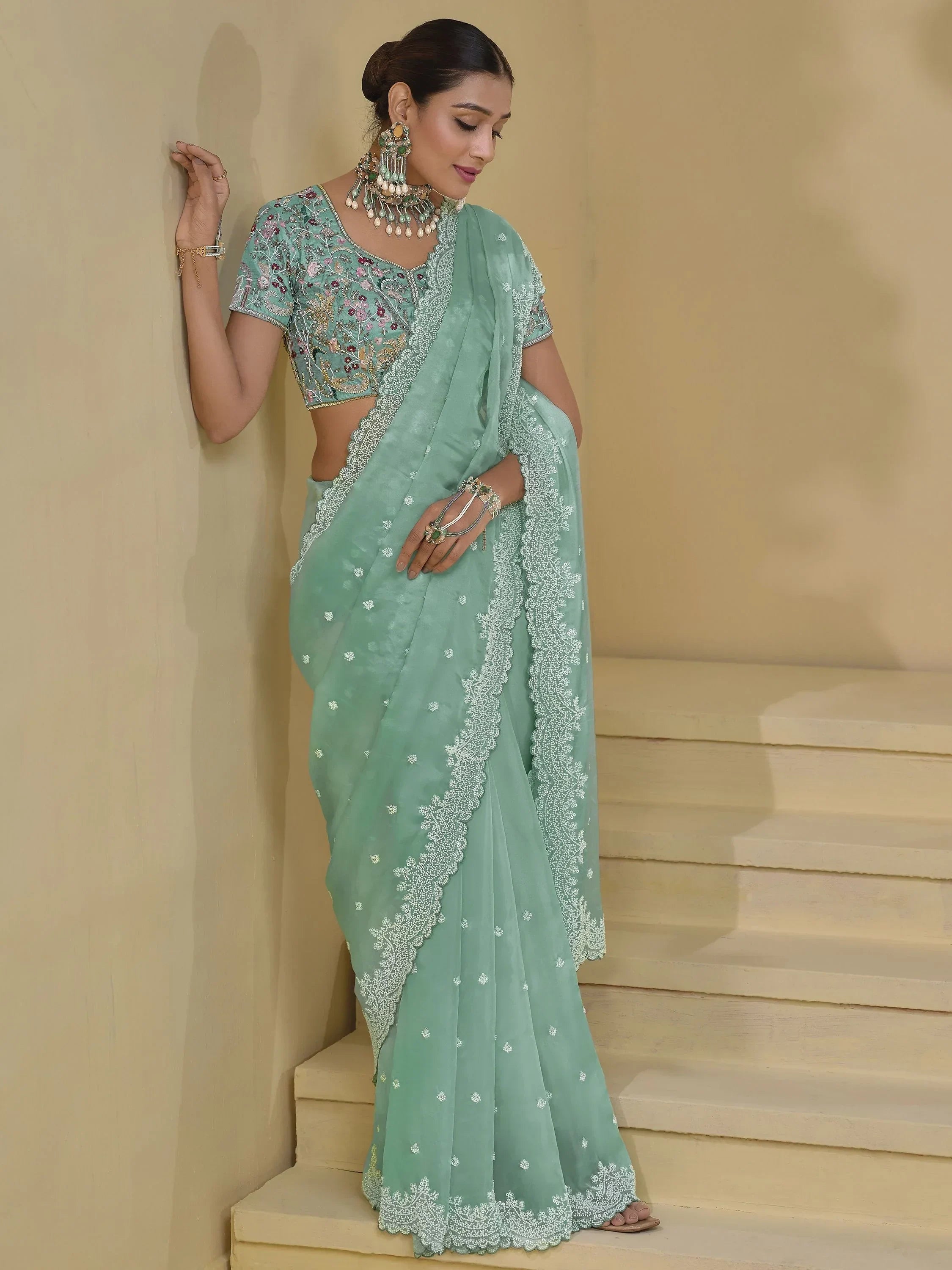 Ravishing Sea Green Moti Work Organza Function Wear Saree With Blouse