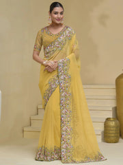 Amazing Yellow Color Moti Work Organza Haldi Wear Saree With Blouse