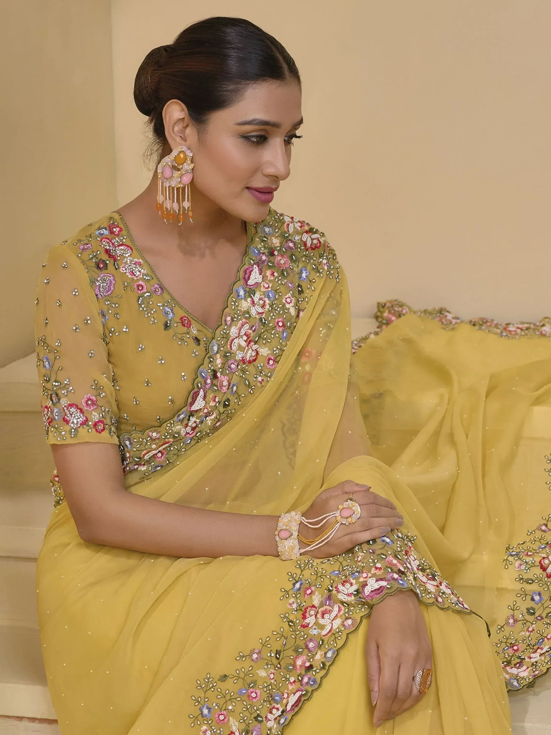 Yellow floral embroidered saree with matching blouse, perfect for Indian ethnic occasions