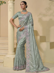 Lovable Pista Green Moti Work Organza Wedding Wear Saree With Blouse