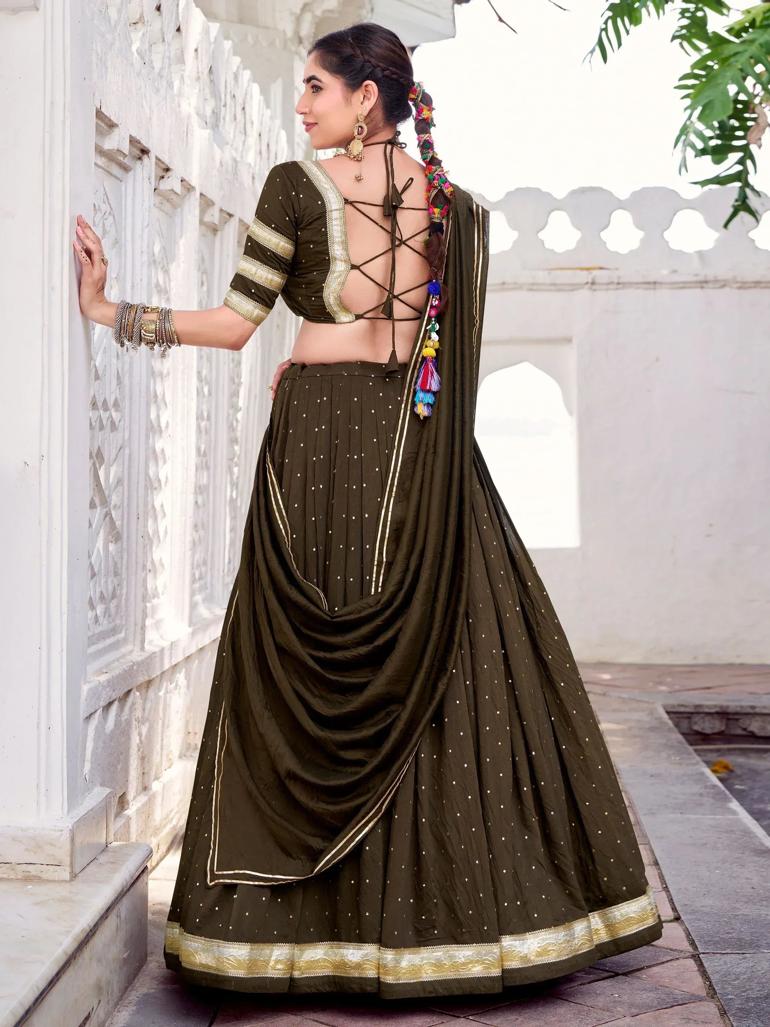 Fascinating Mehendi Zari Weaving Chanderi Lehenga Choli With Dupatta