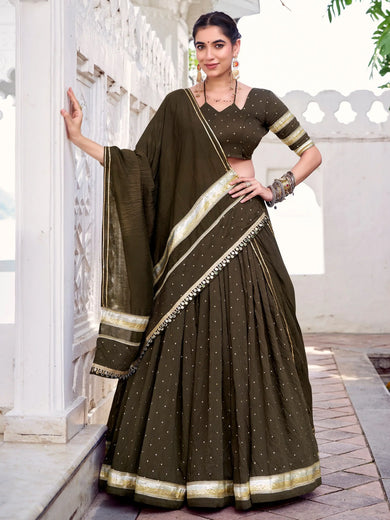 Fascinating Mehendi Zari Weaving Chanderi Lehenga Choli With Dupatta