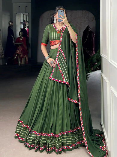 Gleaming Green Rayon Mirror Work Festival Wear Lehenga Choli