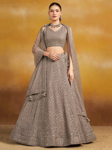 Monochrome Grey Sequins Georgette Event Wear Lehenga Choli With Dupatta - Ethnic Plus In
