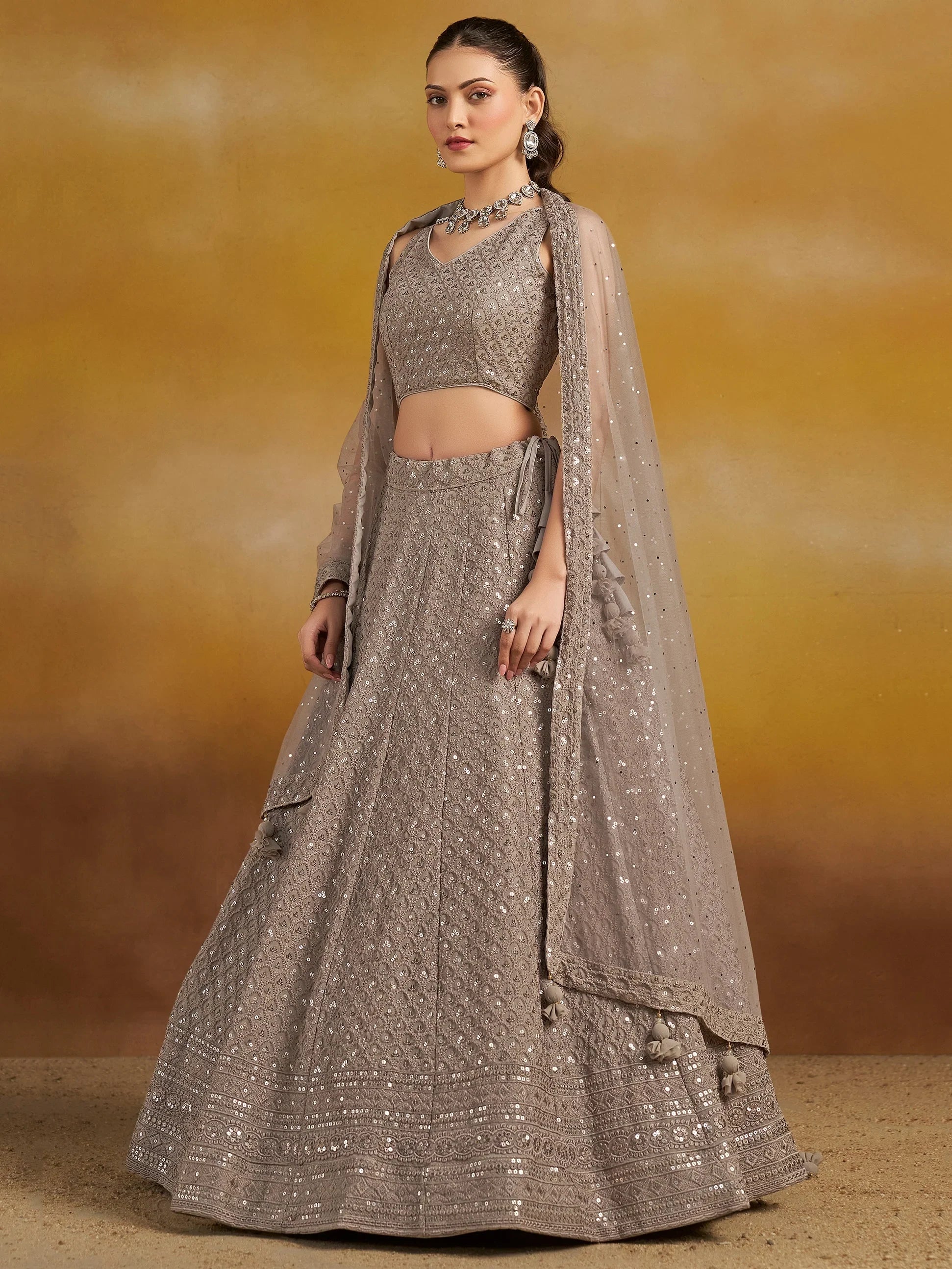 Monochrome Grey Sequins Georgette Event Wear Lehenga Choli With Dupatta - Ethnic Plus In