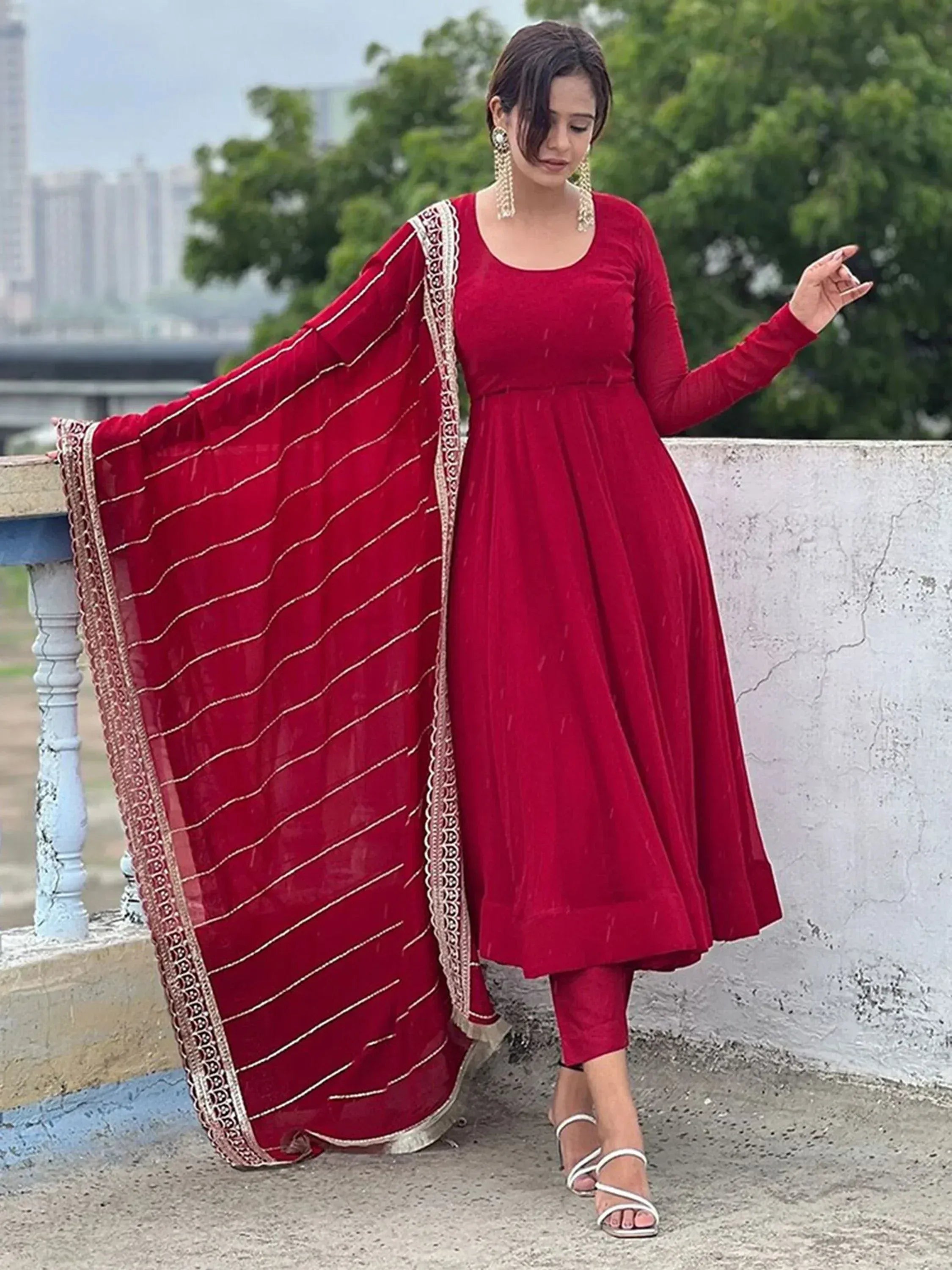 Red velvet anarkali suit with embroidered dupatta, ethnic Indian wear for women