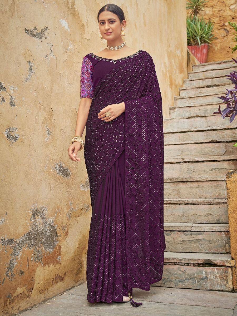 Purple embroidered saree with patterned blouse, ideal for Indian ethnic occasions