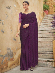Phenomenal Dark Purple Fully Sequins Embroidered Party Wear Saree