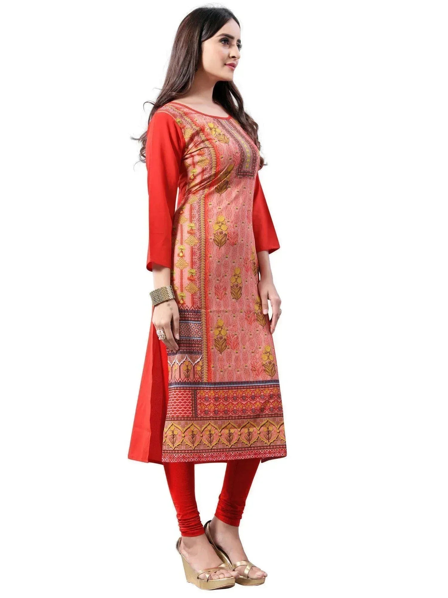 Red printed ethnic kurti with matching leggings, ideal for Indian wear and festive occasions
