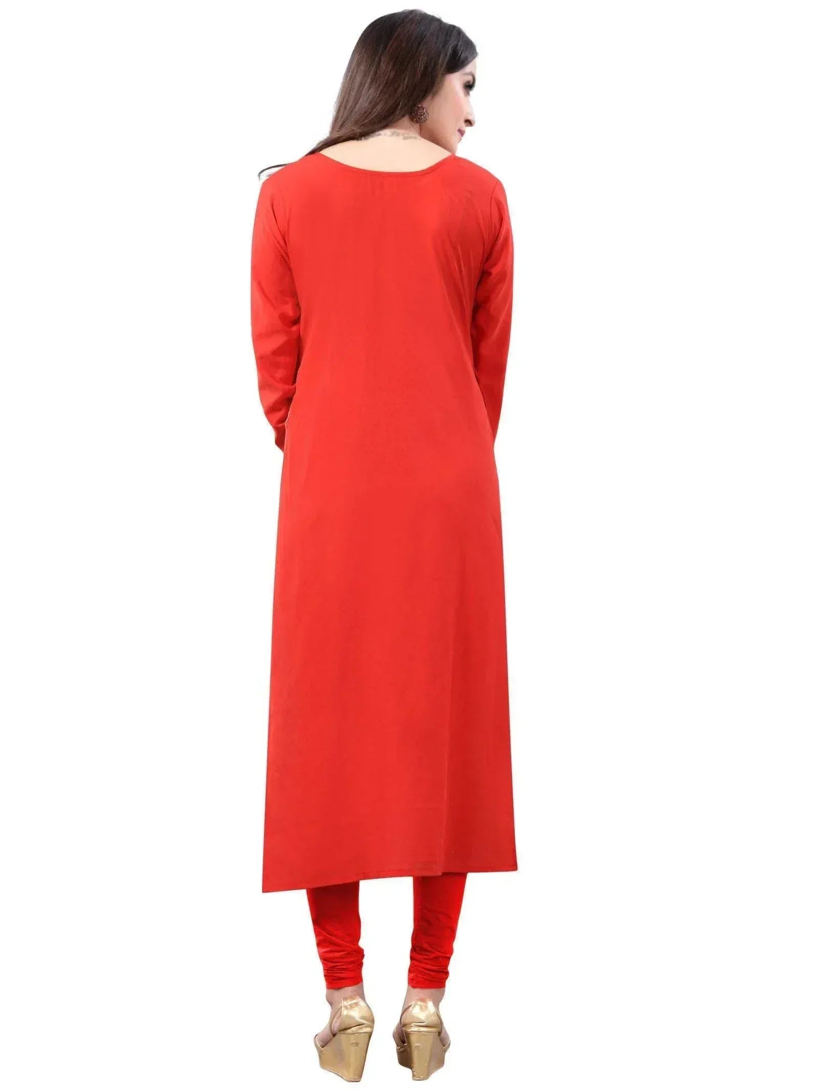 Red long kurta with matching pants, ethnic wear for women, back view