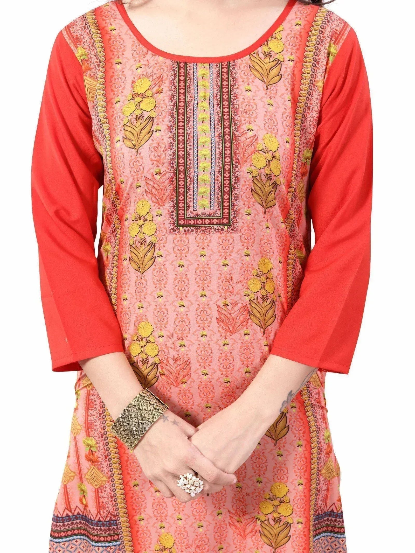 Pink and red printed ethnic kurti with floral design and 3/4 sleeves for women