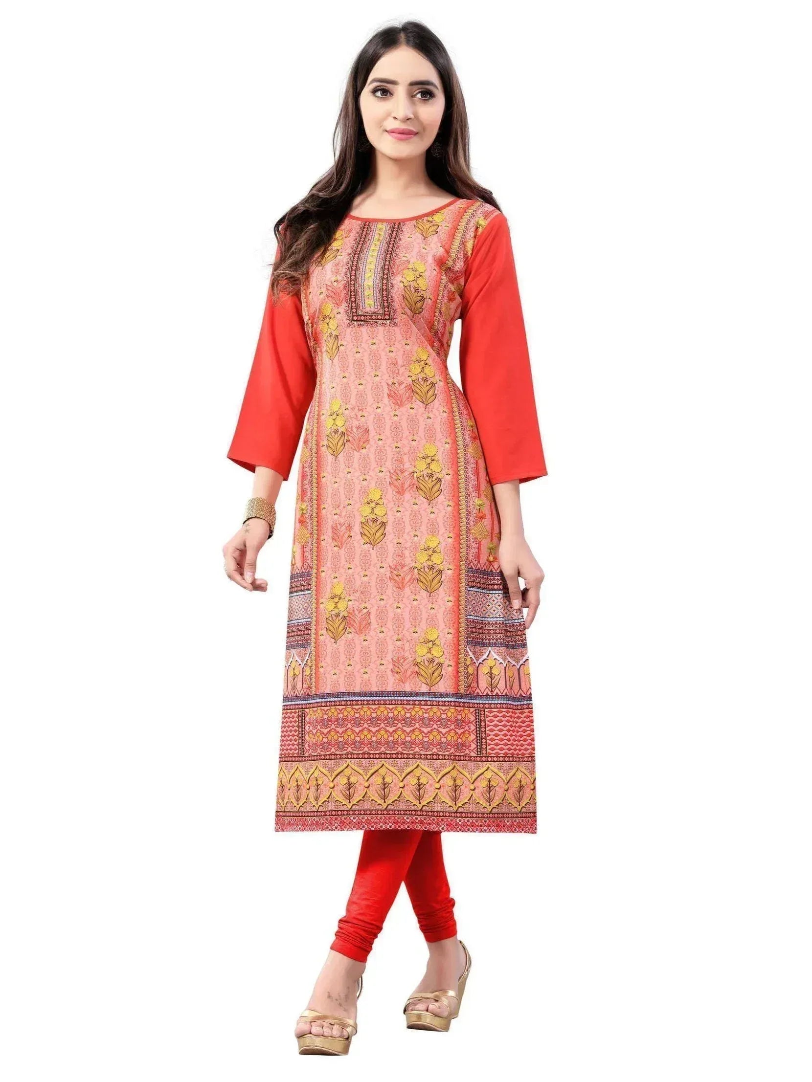 Women's ethnic printed kurti with red sleeves and matching leggings, perfect for Indian wear