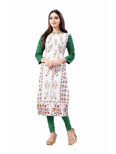 White-Green Digital Floral Printed Crepe Readymade Kurti