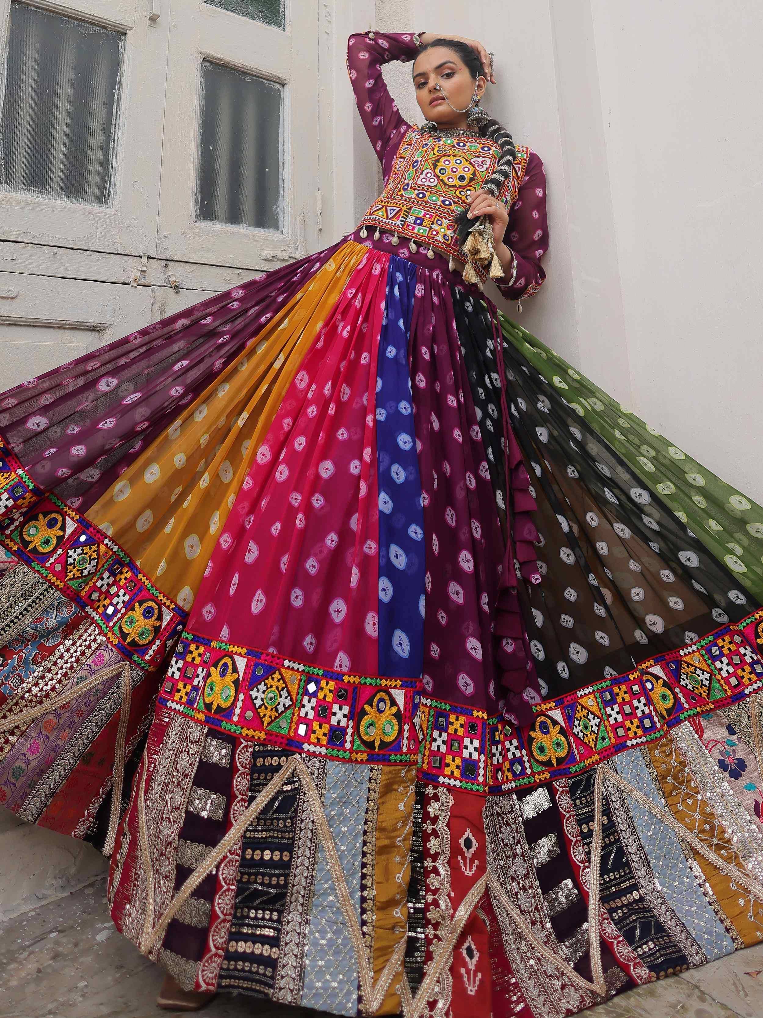 Vibrant multicolor embroidered lehenga choli with mirror work and patchwork, perfect for festive occasions