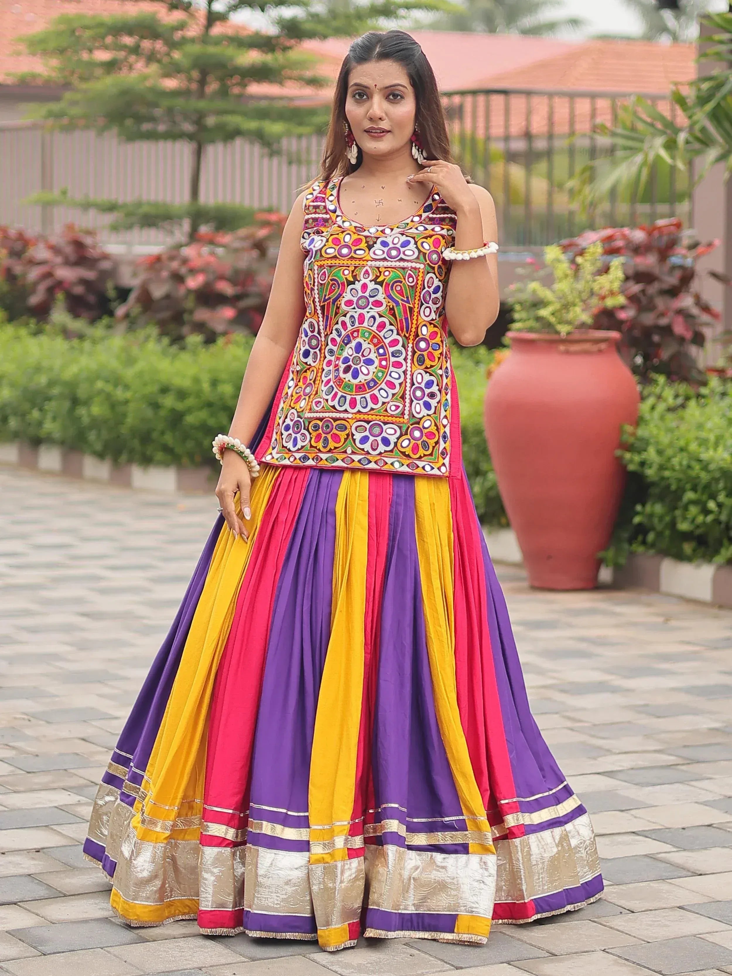 Vibrant multicolor lehenga choli with intricate embroidery, perfect for Indian ethnic wear occasions.