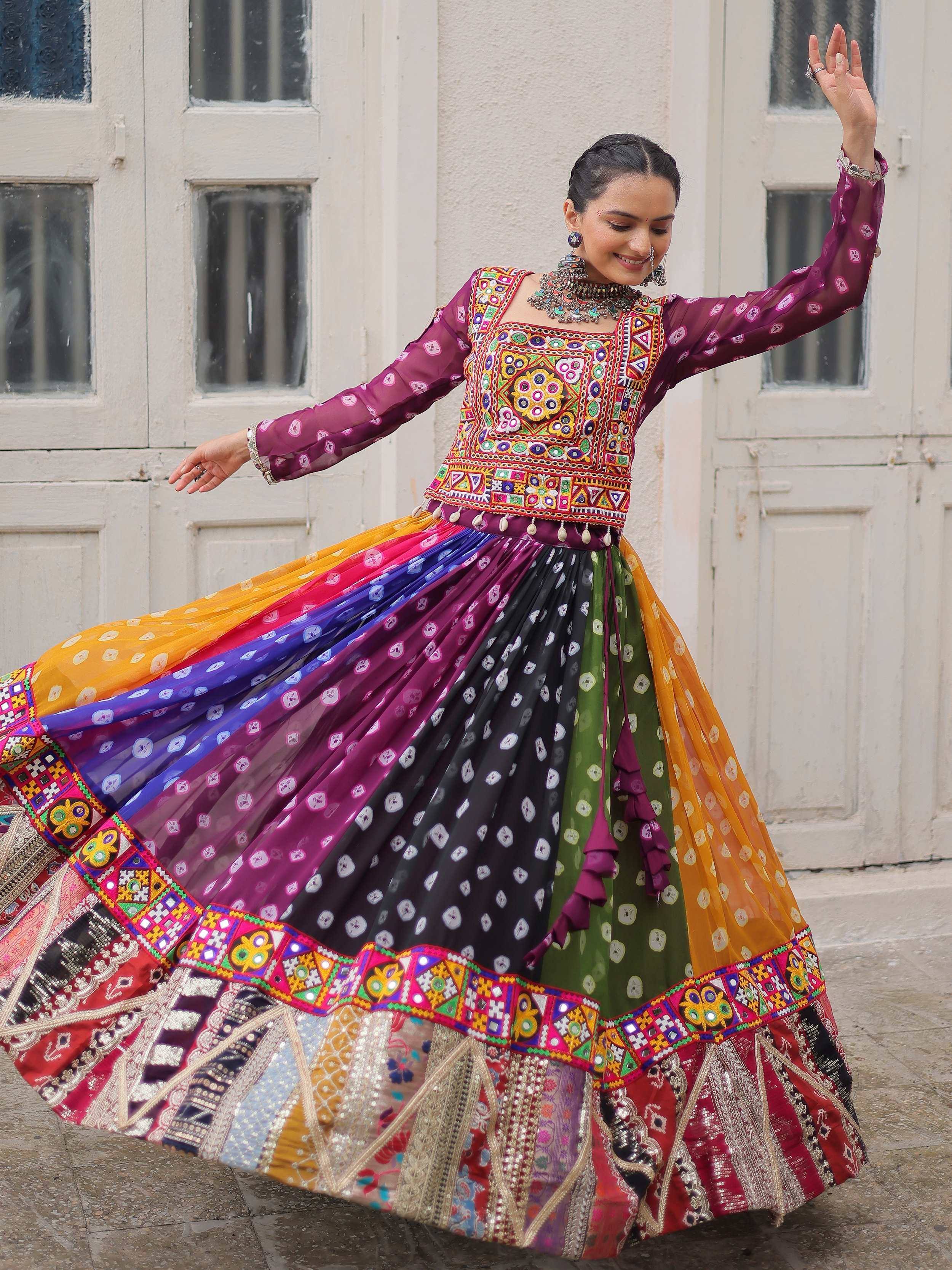 Woman in vibrant Indian ethnic wear, colorful embroidered lehenga choli with mirror work, dancing gracefully.
