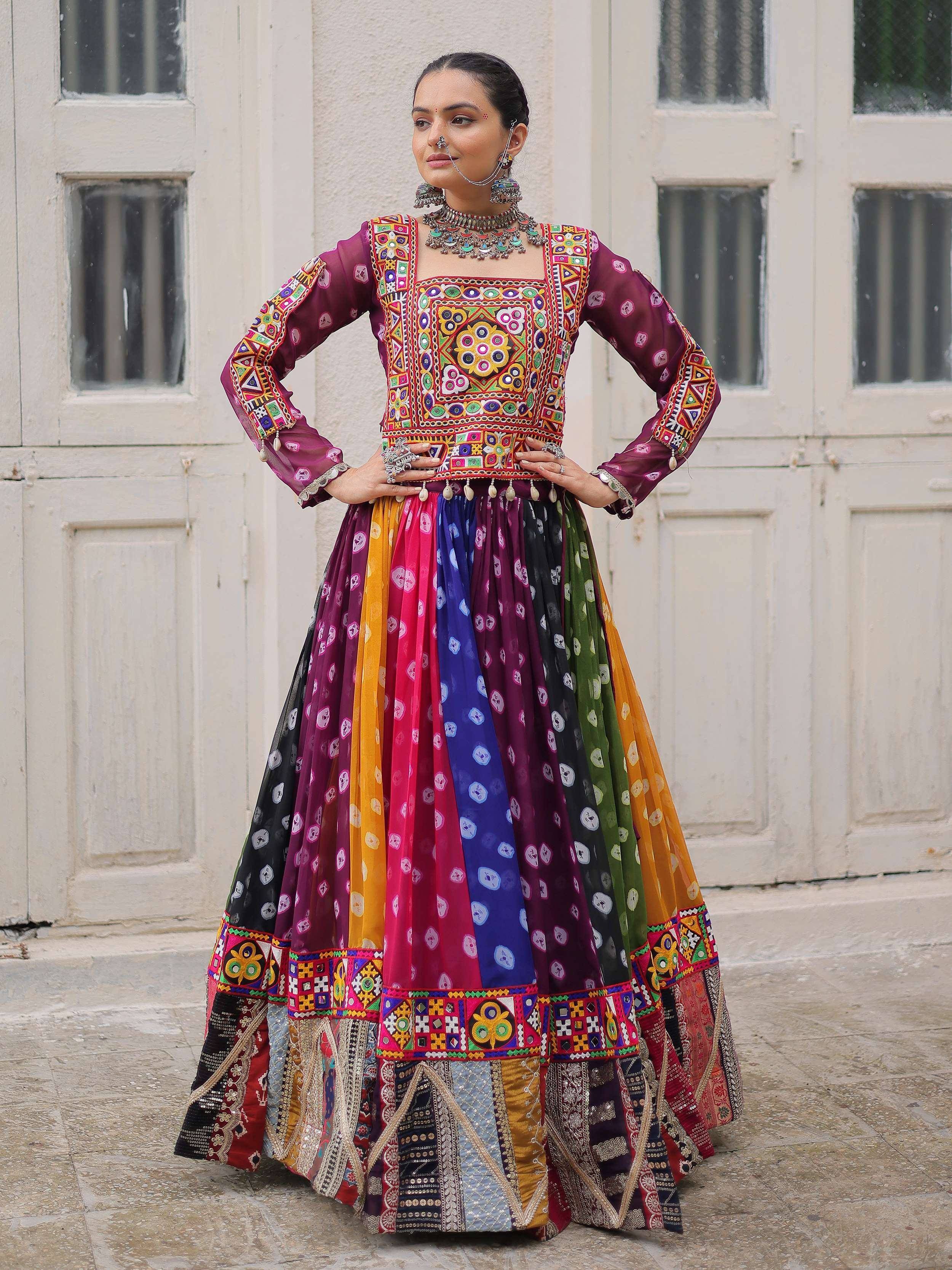 Vibrant multicolor embroidered lehenga choli with mirror work, perfect for Indian ethnic wear and festive occasions.