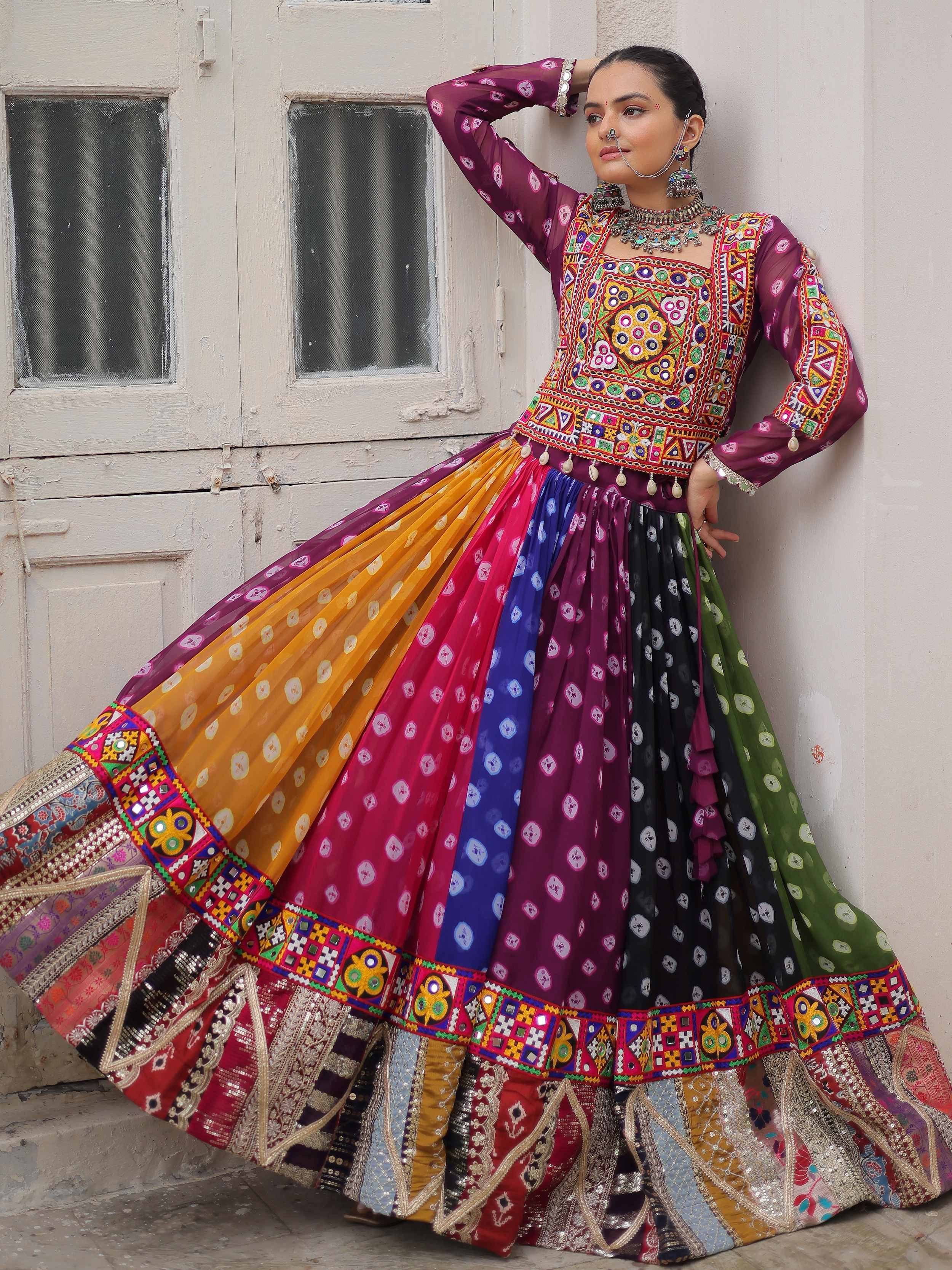 Vibrant multicolor ethnic lehenga with mirror work and embroidery, perfect for festive occasions.