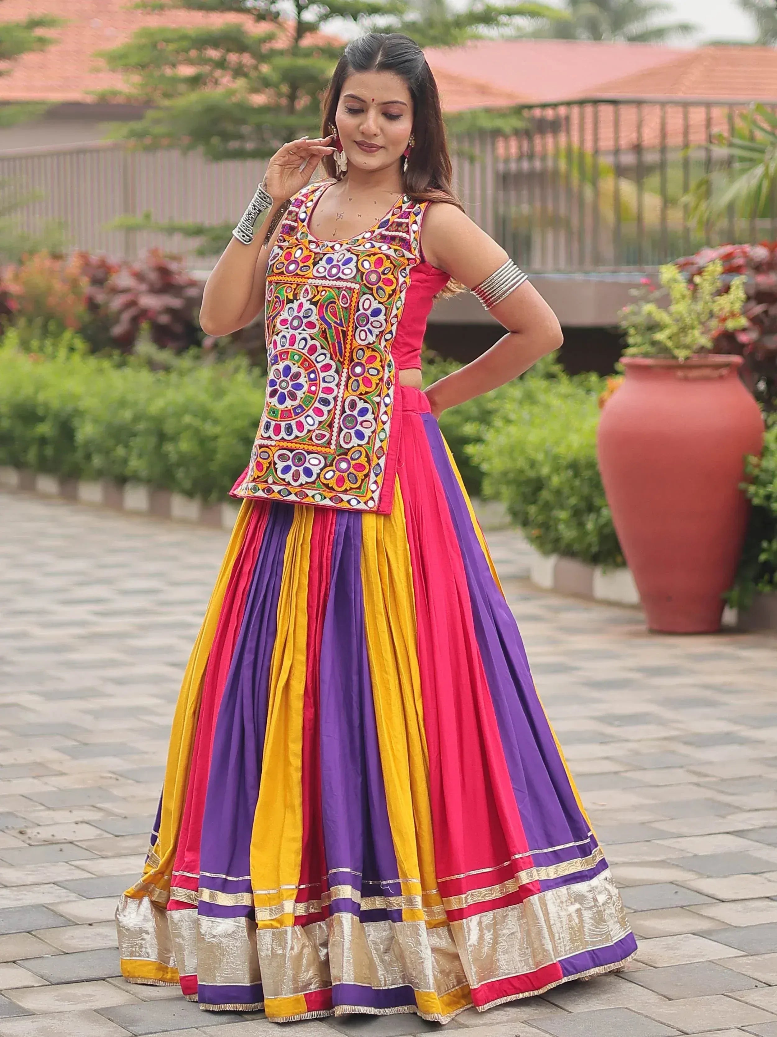 Vibrant multicolor lehenga choli with intricate embroidery, perfect for Indian ethnic wear occasions.