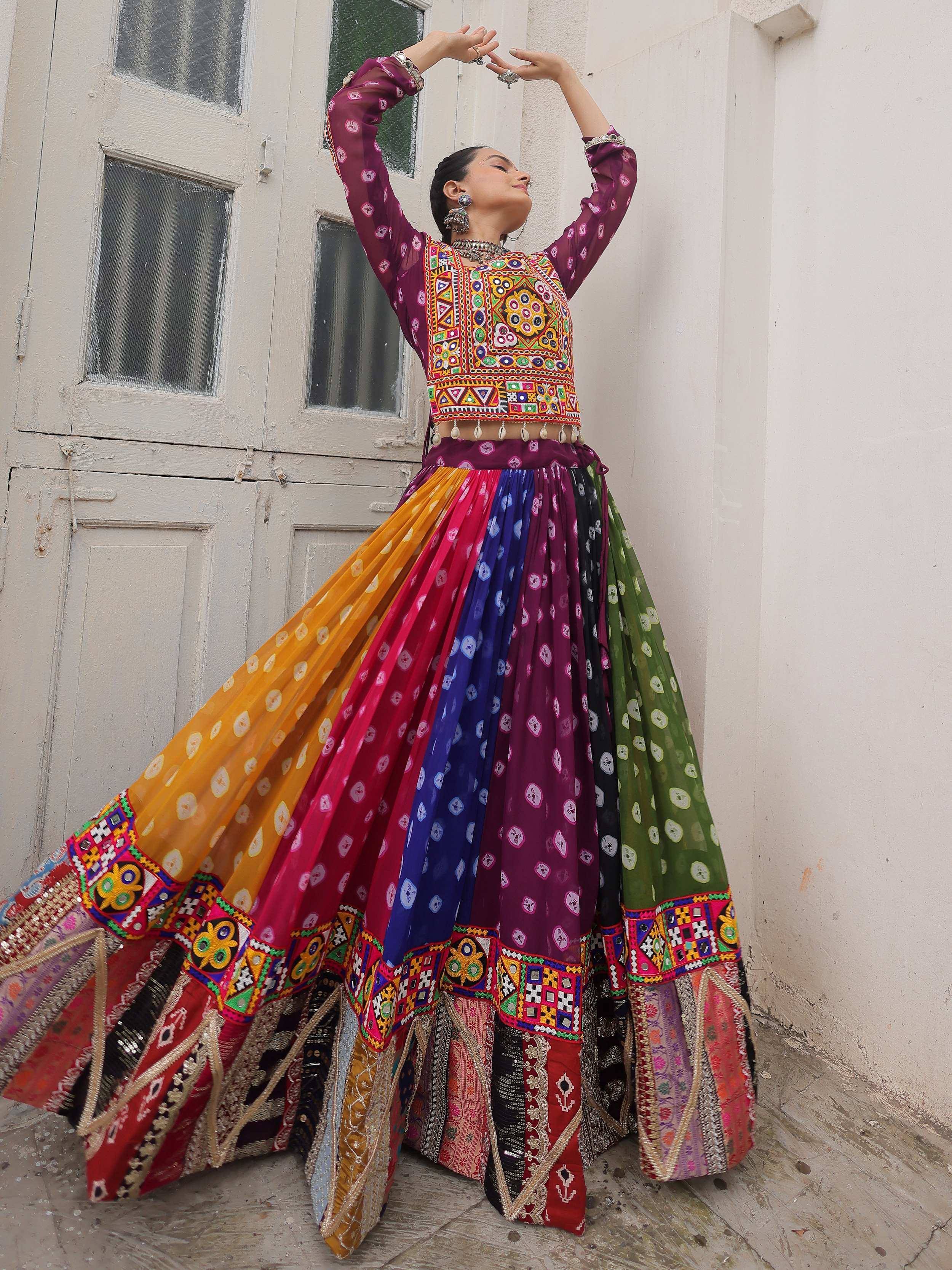 Vibrant multicolor ethnic lehenga choli with intricate embroidery and patchwork design