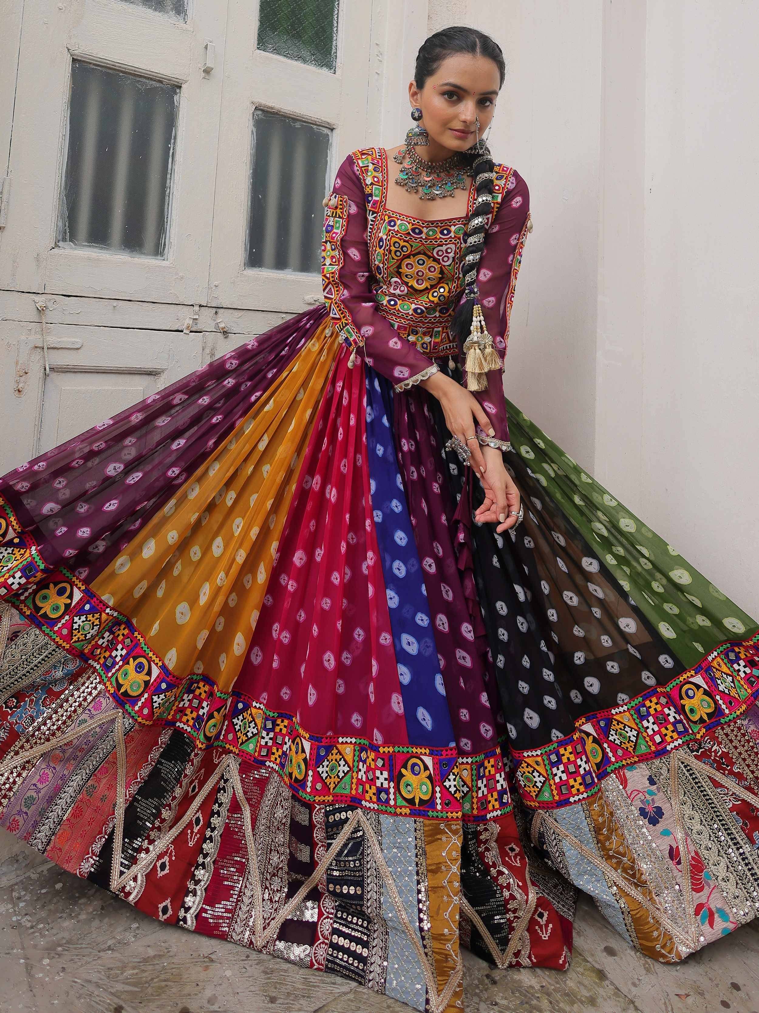 Vibrant multicolor ethnic lehenga choli with intricate embroidery and mirror work, perfect for festive occasions.