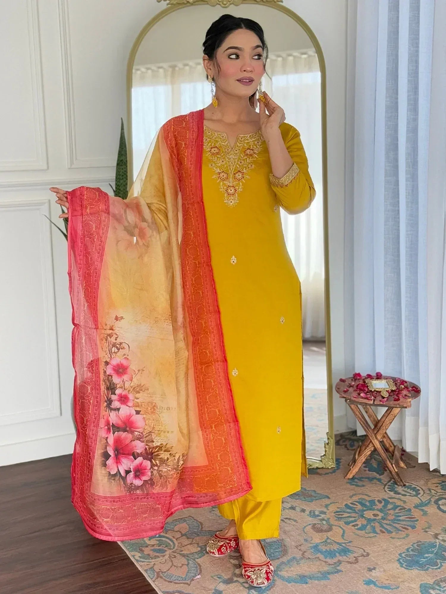 Yellow embroidered kurta with floral dupatta, Indian ethnic wear for women