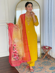 Beautiful Yellow Rayon Embroidered Festival Wear Straight Suit