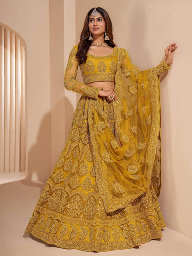Beautiful Mustard Yellow Net Function Wear Lehenga Choli With Dupatta