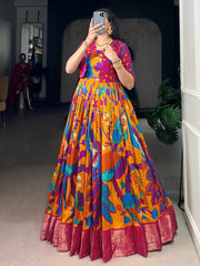 Wonderful Mustard Kalamkari Printed Silk Wedding Wear Gown With Koti